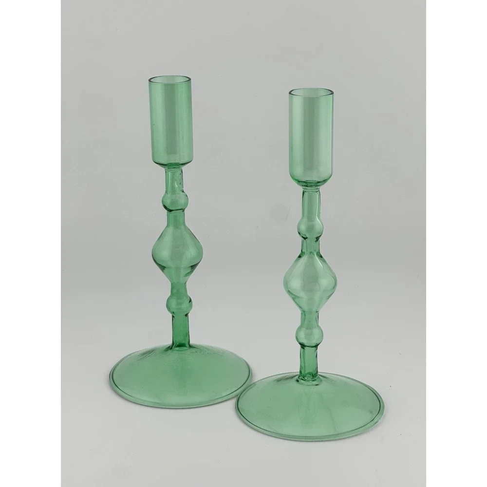 POKETO Green Handmade Glass Taper Candlestick Holder Set Of 2 NOS Open Box‎